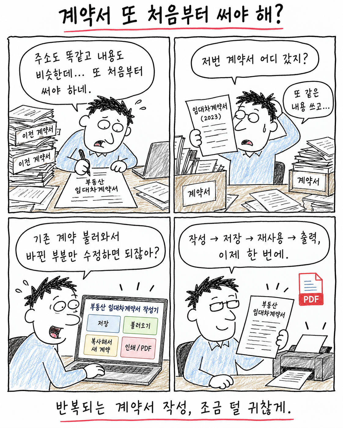 계약서 또 처음부터 써야 해? 계약서 작성기의 저장, 불러오기, 복사, PDF 기능을 보여주는 4컷 만평
