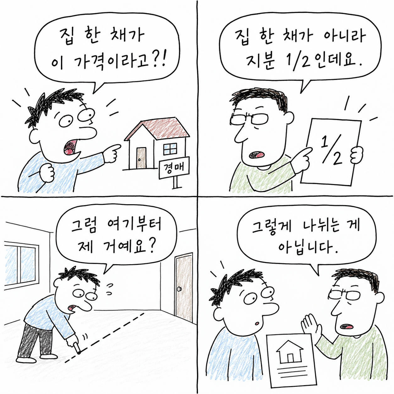 1컷. “집 한 채가 이 가격이라고?!” 가격부터 눈에 들어옵니다.
