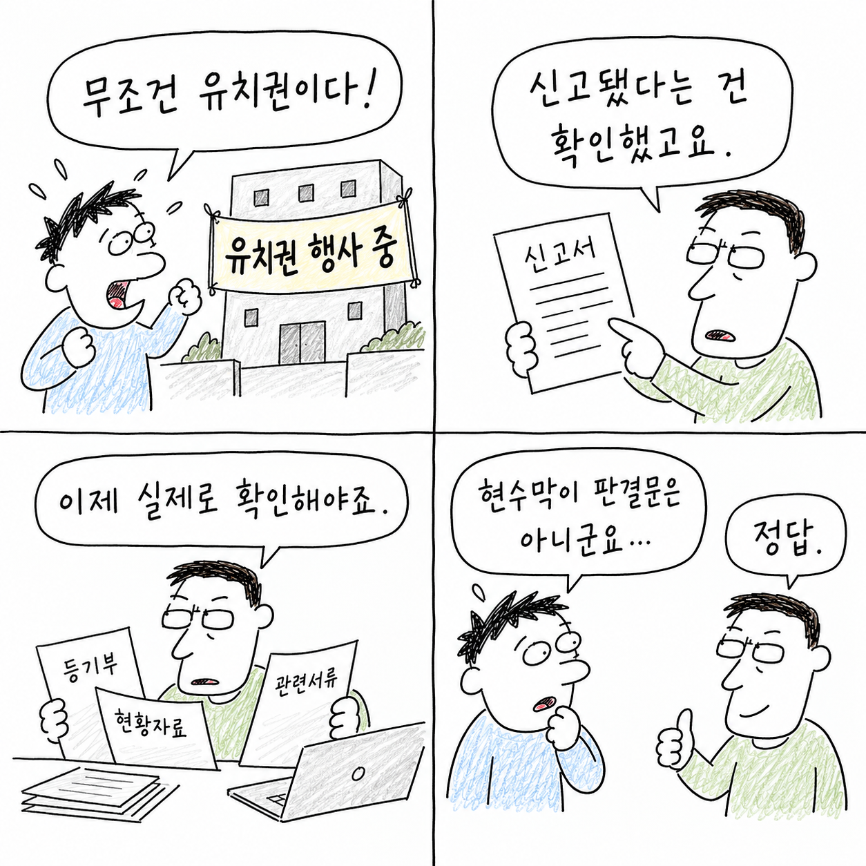 1컷. 현수막을 보고 “무조건 유치권이다!”라고 놀랍니다.