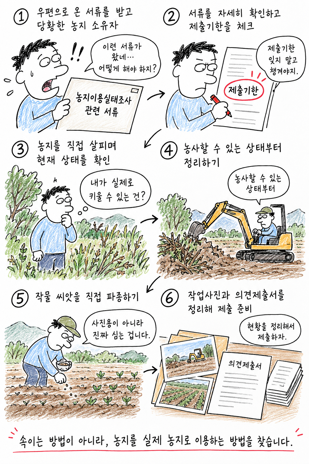 서류 확인부터 농지 정리, 파종, 작업기록과 의견제출까지의 실제 농지 이용 흐름을 그린 해피솔루션 손그림 만평